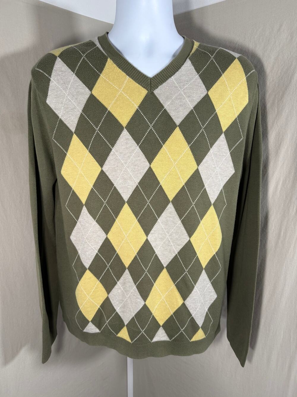 Banana Republic Men M V-Neck Cotton Argyle Sweater Olive Green Yellow Grey EUC